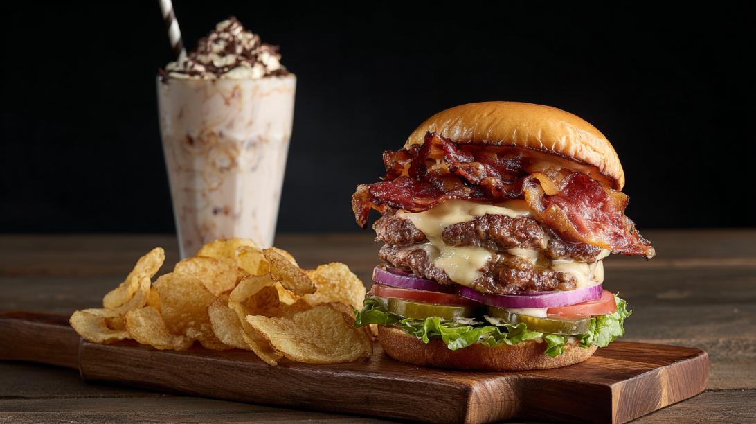 Best burgers in Mullica Hill NJ - Fresh smashed double cheeseburger with house-cut chips and hand-spun milkshake at Red Barn Burgers